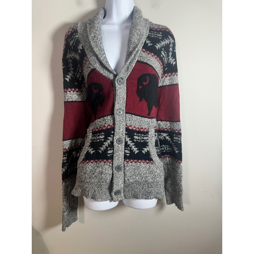 Mossimo Supply Wool Blend Buffalo Intarsia Shawl Collar Cardigan Grey Red Large